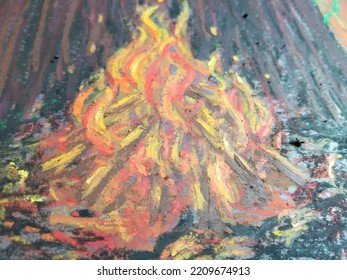 Detail Oil Pastel Painting Of Bonfire With Visible Red, Orange, Yellow, Brown Drawing Strokes