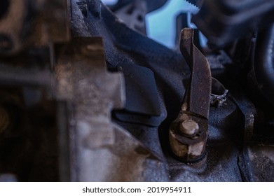 Detail Of Old And Rusty Car Engine In A Workshop