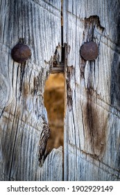 detail of an old wooden door with a broken hole in the middle and two rusty metal nails, vertical