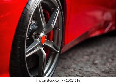 Detail On Hot Red Super-sport Car Wheels With Sport Breaks