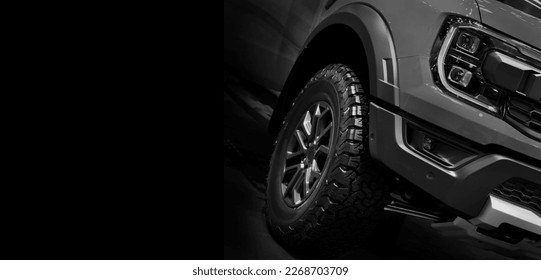  Detail on one of the LED headlights Pickup Truck black and white tone,copy space	 - Shutterstock ID 2268703709