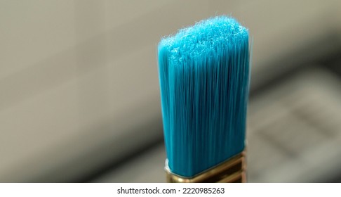 Detail On The Wooden Blue Painting Brush Bristles