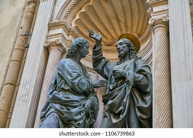 Detail Of Orsanmichele Church. Christ And St. Thomas By Andrea Del Verrocchio 1467-83 Florence. Italy.