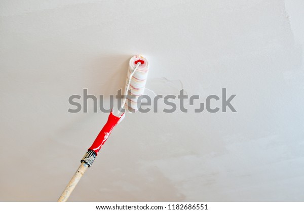Detail Paint Roller Painting Ceiling White Stock Photo Edit