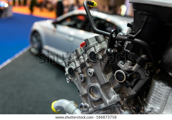 Detail photo of a clean car\
engine