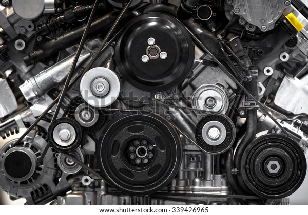 Detail photo of a clean car\
engine