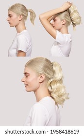 Detail photo of hair extension stages: young blonde lady is fixing false curly ponytail on her head. Natural looking strands for hair extension match girl's hair color.