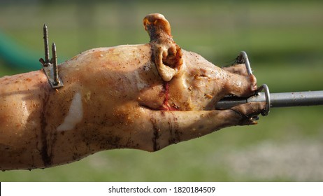 Detail of pig roasting, tasting meal
