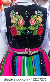 Detail Of Polish Folk Costume For Woman With Multicolored Embroidery.