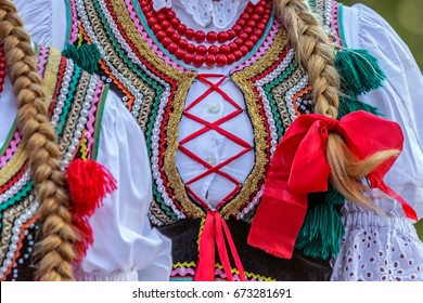 Detail Of Polish Folk Costume For Woman With Multicolored Embroidery.