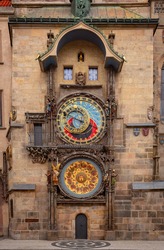 Detail Of Prague Astronomical Clock Built Around 1470, Displaying The Twelve Apostles As The Clock Strikes Clock Are Built On Old-Town City Hall In Prague, Czech Republic (Czechia)