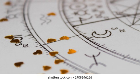 Detail Of Printed Natal Chart With Astrology Moon And Heart Shaped Golden Sequins