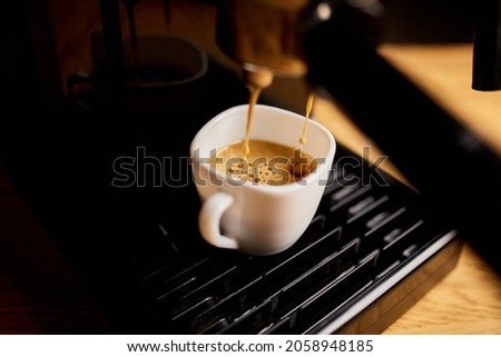 Detail of a professional coffe maker dripping coffe into an empty cup in a cafeteria, Machine is making a perfect coffee with delicious smell, . Espresso Coffee Machine Making Espresso Coffee