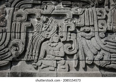 detail The Pyramid of the Feathered Serpents, mythological animals and pre-Hispanic frets  - Shutterstock ID 2085154573
