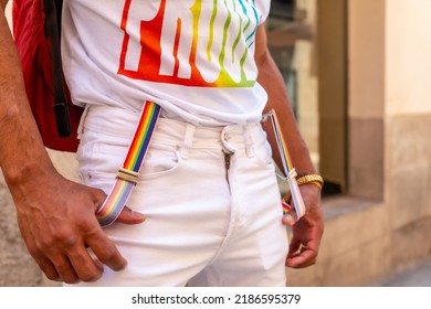 Detail Of The Rainbow Suspenders Of A Gay Black Man At The Pride Party, LGBT Flag