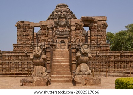 Detail of religious carvings decorating the ancient Surya Hindu Temple at Konark Orissa India. 13th Century AD