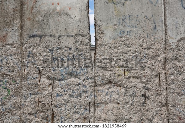 Detail of the remains of the\
Berlin Wall, Berlin, Germany. Segments of wall left as a reminder\
of events leading up to the fall of the wall in November\
1989.