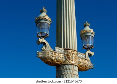 Detail Of A Rostral Column On Place De La Concorde In Paris, France. These Columns, Which Are Also Lampposts, Are Decorated With Rostrums Or Spurs Of Ancient Ships Commemorating Naval Victories