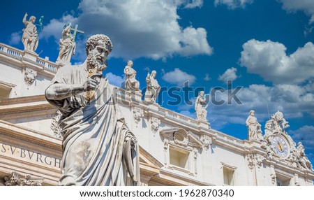 Detail of Saint Peter statue located in front of Saint Peter Cathedral entrance in Rome, Italy - Vatican City