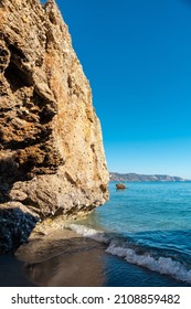 Detail Of The Sea In The Small Coves On Calahonda Beach In The Town Of Nerja, Andalucia. Spain. Costa Del Sol In The Mediterranean Sea