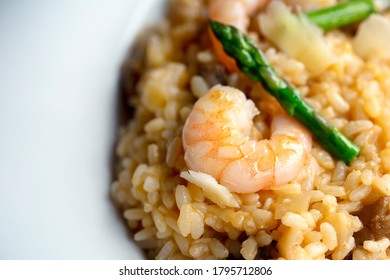 Detail Shot Asparagus Mushroom And Prawn Risotto