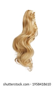 Detail shot of blonde curly ponytail for hair extension. Natural looking false hairpiece with claw clip on the backside is isolated on the white background. 