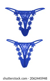 Detail shot of blue erotic lace tracery panties with side straps and decorative flowers. Sexy lingerie is isolated on the white background. Front and back views.                               