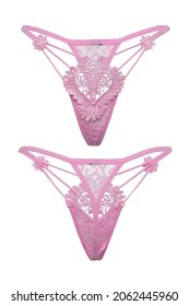  Detail shot of pink erotic lace panties with side straps, tracery heart and flowers in front. Sexy lingerie is isolated on the white background. Front and back views.                              
