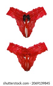 Detail shot of red sexy panties with lace frills, decorative pearls and black silk bows. The erotic lingerie with a cutout in the intimate area is isolated on a white background. Front and back views.