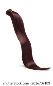 Detail Shot Of Straight Burgundy Pony Tail For Hair Extension. Natural Looking Hairpiece Is Isolated On The White Background. 