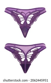Detail shot of violet erotic tracery panties with lace butterfly in front and sparkling crystals. Sexy lingerie is isolated on the white background. Front and back views.                              