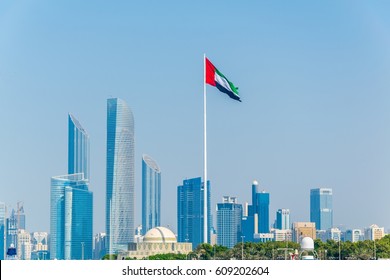 Detail Of Skyscrapers In Abu Dhabi With The Local Flag, UAE