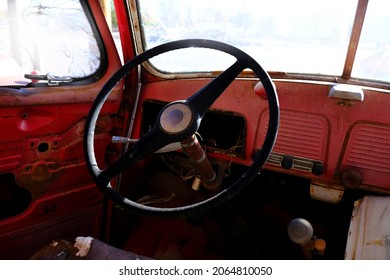 Detail Of Steering Wheel In Old Vintage Car Truck Horn And Gear Shift Interior