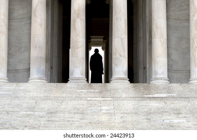 Detail Of The Steps And Columns Of The Jefferson Memorial, Showing Silhouette Of The Statue Of Thomas Jefferson