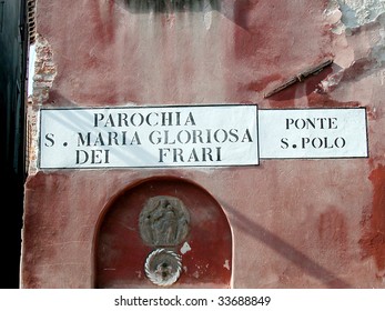 Detail Of Street Nameplate On The Wall, Venice, Italy