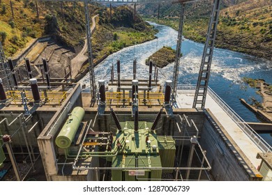Detail of sustainable power in Barragem do Fratel dam in Portugal, nobody inside