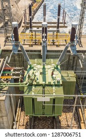 Detail of sustainable power in Barragem do Fratel dam in Portugal, nobody inside