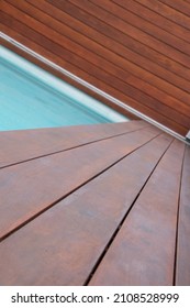 Detail Of Swimming Pool Coping And Cover Constructed By Cumaru Wood Deck, Horizontal And Vertical Hardwood Decking Texture