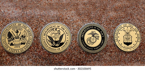 Detail of symbols of USA military army navy airforce marines
