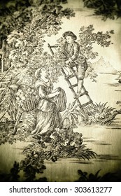 Detail Of A Tapestry Circa 18th Century (period Of The French Revolution). Young Peasants, Guy And Girl Are Flirting With Each Other In Nature. Filtered, Toning And Corners Blurred - Old Lens Effect 