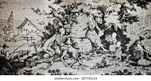 Detail Of A Tapestry Circa 18th Century (period Of The French Revolution).  Peasants Familie, Guy And Girl Are Flirting With Each Other In Nature, Children And Relatives Around. Filtered Image, Toning