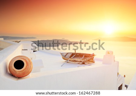 A detail of traditional house at Santorini island, Greece on sunset