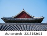 Detail of Traditional Korean Roof, Colourful Decorated Ornament for Ancient Korean Palace or Temple at Seoul, South Korea.