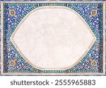 Detail of traditional persian mosaic wall with geometrical and floral ornament, Iran. Horizontal or vertical background with ceramic tile frame. Mock up template. Copy space for text