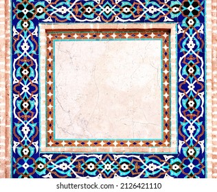 Detail of traditional persian mosaic wall with geometrical and floral ornament, Iran. Horizontal frame with ceramic tile of blue, cian, brown and white colors. Mock up template. Copy space for text - Shutterstock ID 2126421110