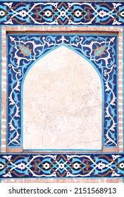 Detail of traditional persian mosaic wall with geometrical and floral ornament, Iran. Vertical frame with ceramic tile of blue, cian, brown and white colors. Mock up template. Copy space for text
