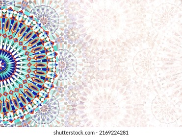 Detail of traditional persian mosaic wall with geometrical and floral ornament, Iran. Horizontal or vertical background with ceramic tile. Mock up template. Copy space for text - Shutterstock ID 2169224281