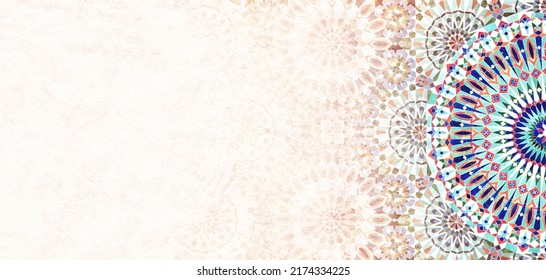 Detail of traditional persian mosaic wall with geometrical and floral ornament, Iran. Horizontal or vertical background with ceramic tile. Mock up template. Copy space for text