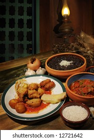 Detail Of Typical Cuban Dishes On Tropical Restaurant Atmosphere