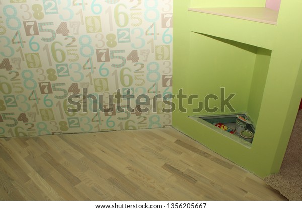 Detail Unfinished Refurbishing Preschool Room Wallpaper Stock